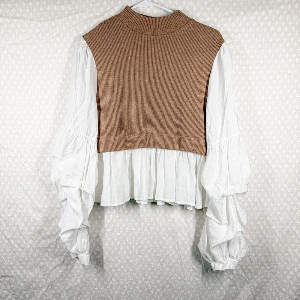 Anthropologie Tan White‎ Ribbed Puff Long Sleeve Top